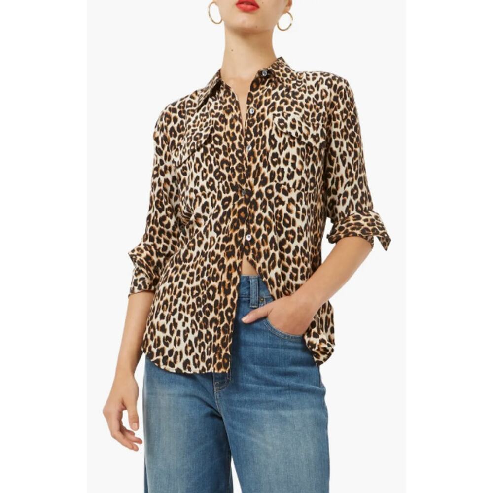 EQUIPMENT FEMME Slim Signature Leopard Print Silk Button Up Blouse Shirt XS $295